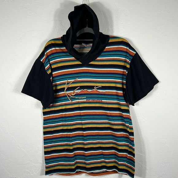 🔥🔥 Vintage 90s Karl KANI Jeans Striped Hoodie SS Shirt Men Sz XL (fits Lg) - E - Picture 1 of 8